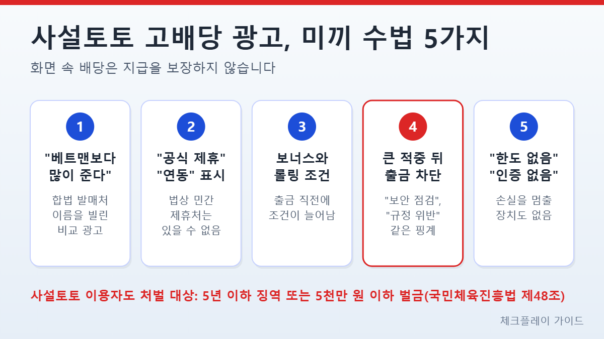 사설토토 고배당 광고의 미끼 수법 5가지를 카드로 정리한 인포그래픽: 베트맨보다 많이 준다는 비교 광고, 공식 제휴 표시, 보너스와 롤링 조건, 큰 적중 뒤 출금 차단, 한도·인증 없음, 하단에 국민체육진흥법 제48조 이용자 처벌 안내