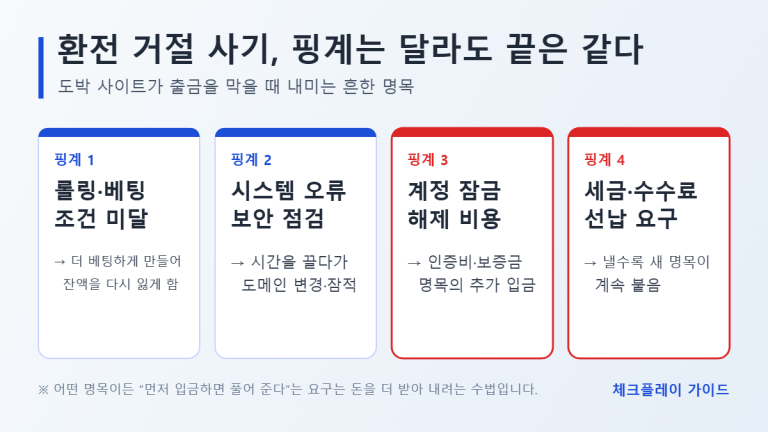 환전 거절 사기에서 쓰이는 롤링 조건 미달, 시스템 오류, 계정 잠금 해제 비용, 세금·수수료 선납 요구 네 가지 핑계를 정리한 카드 이미지